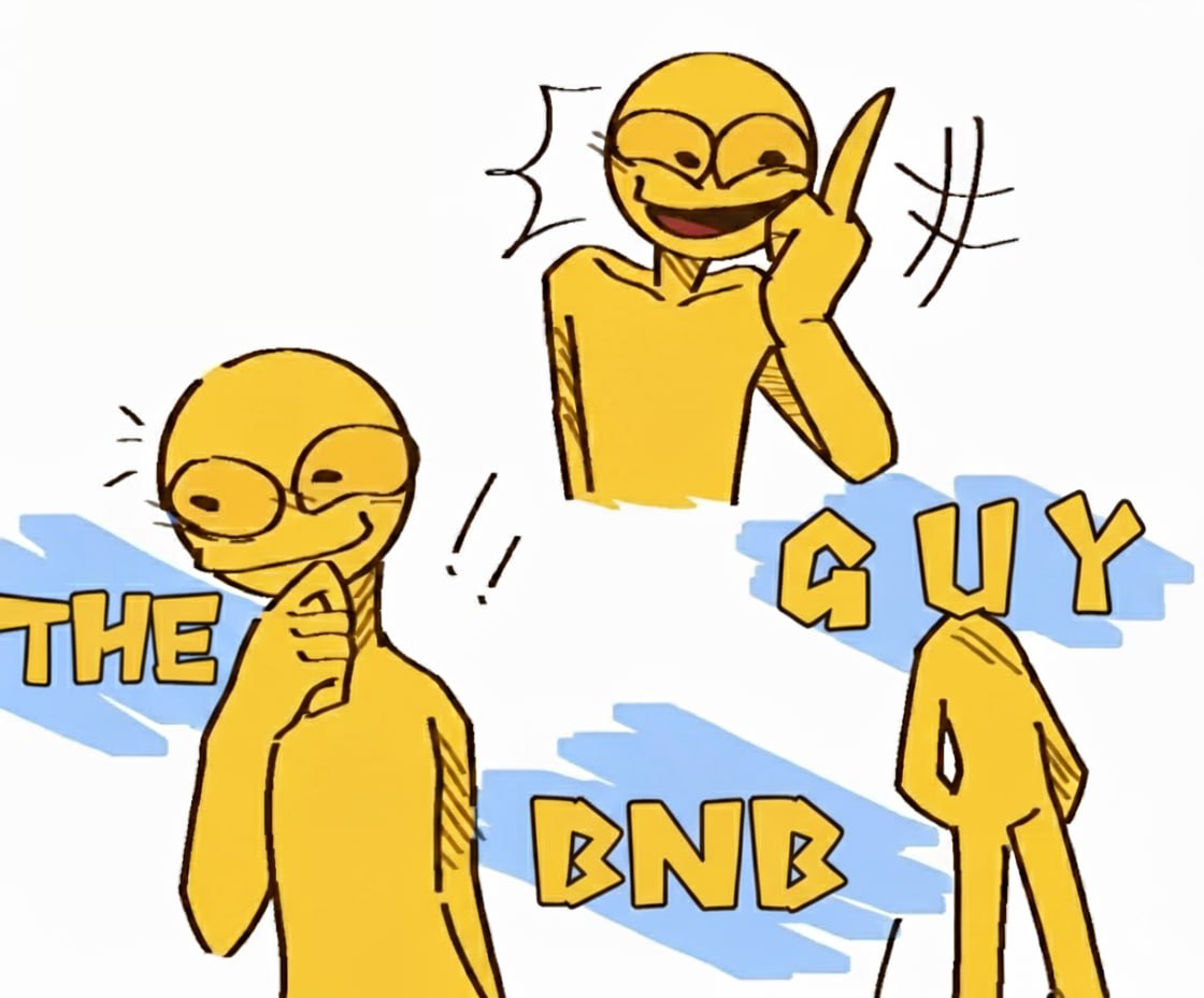 The BNB Guy collage with three yellow characters and branding