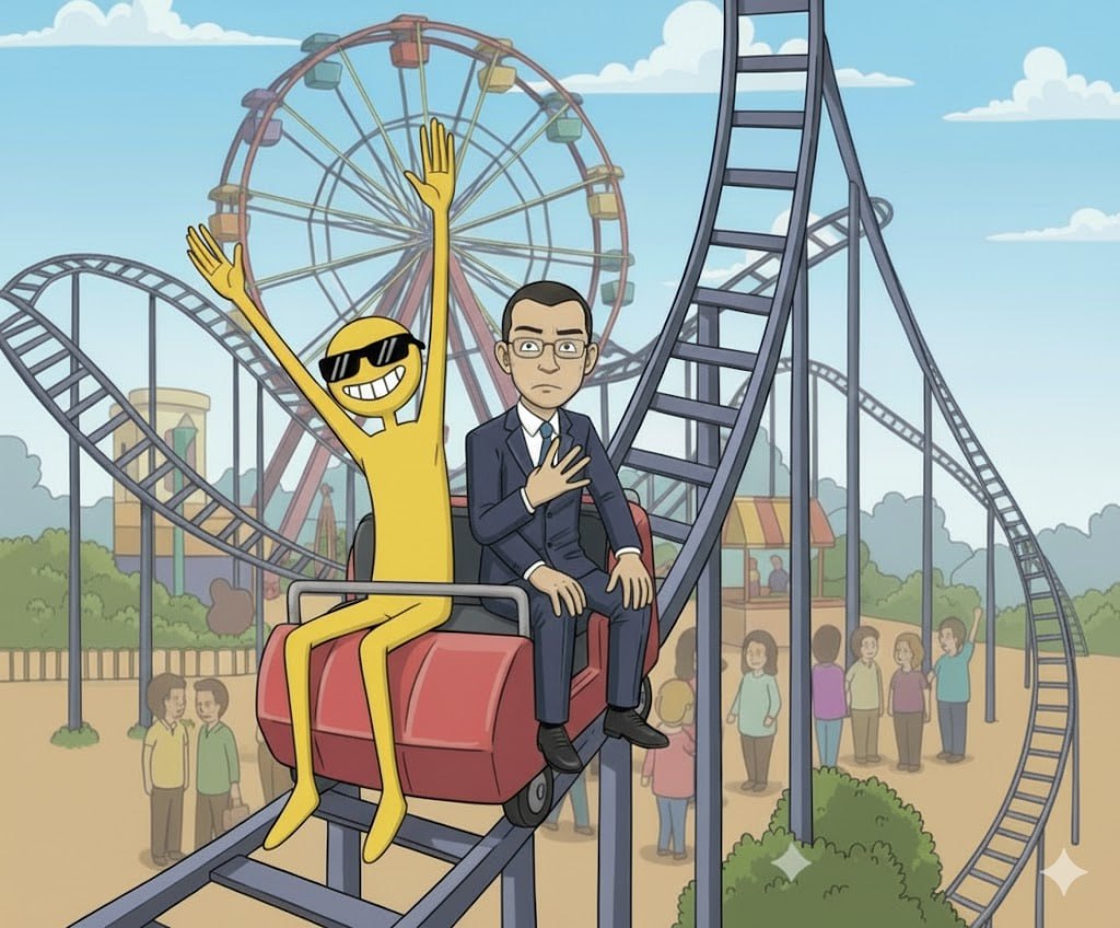 BNB Guy and CZ riding roller coaster at amusement park