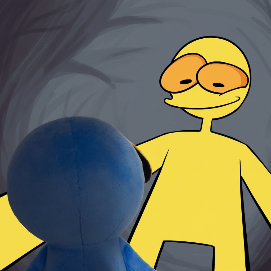 BNB Guy with blue plush toy in dramatic gray swirl background