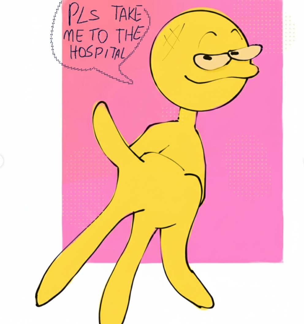 Yellow character flexing asking to go to hospital