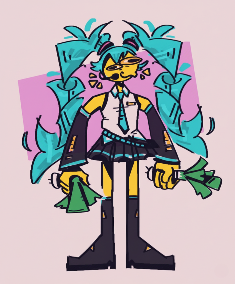 Yellow character in outfit with cyan flames holding money
