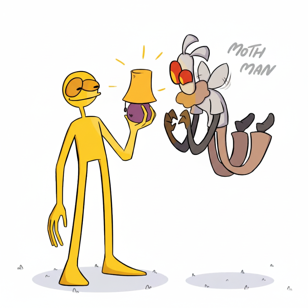 Yellow character with lamp attracting moth man