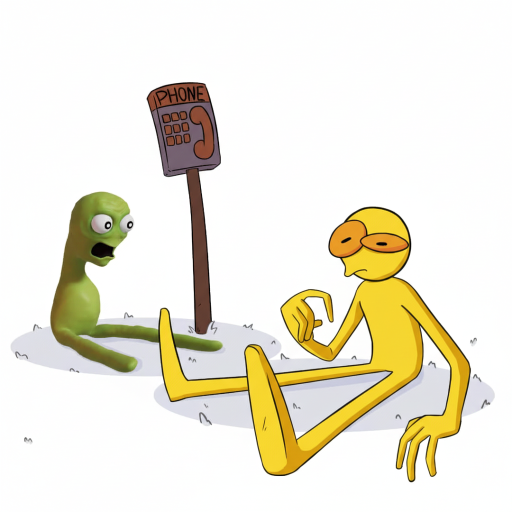 Yellow character with green alien at phone booth
