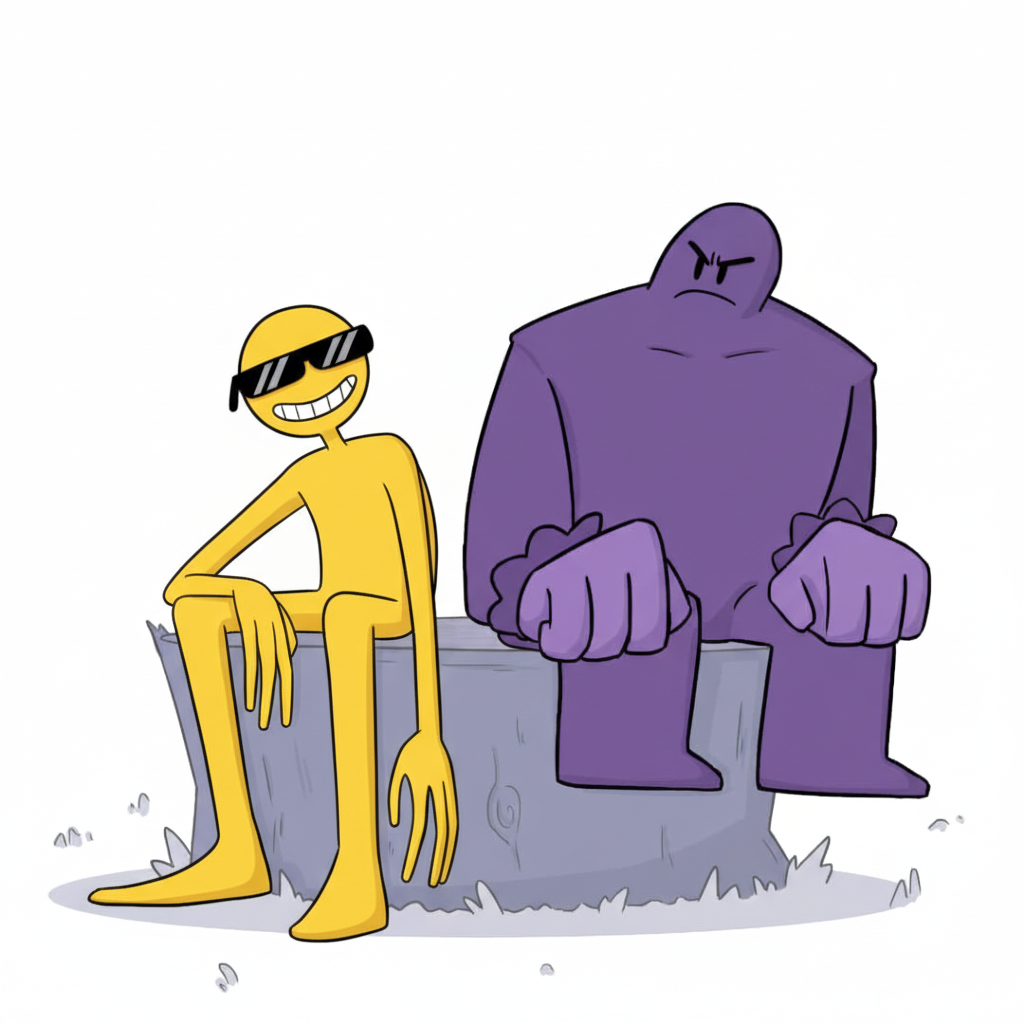 Yellow character with sunglasses sitting with purple friend