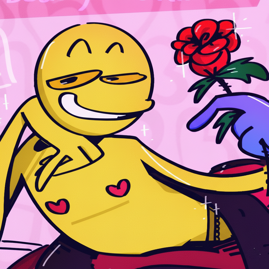 Yellow character with sunglasses holding rose romantically
