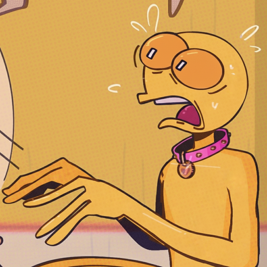 Yellow character shocked with pink collar