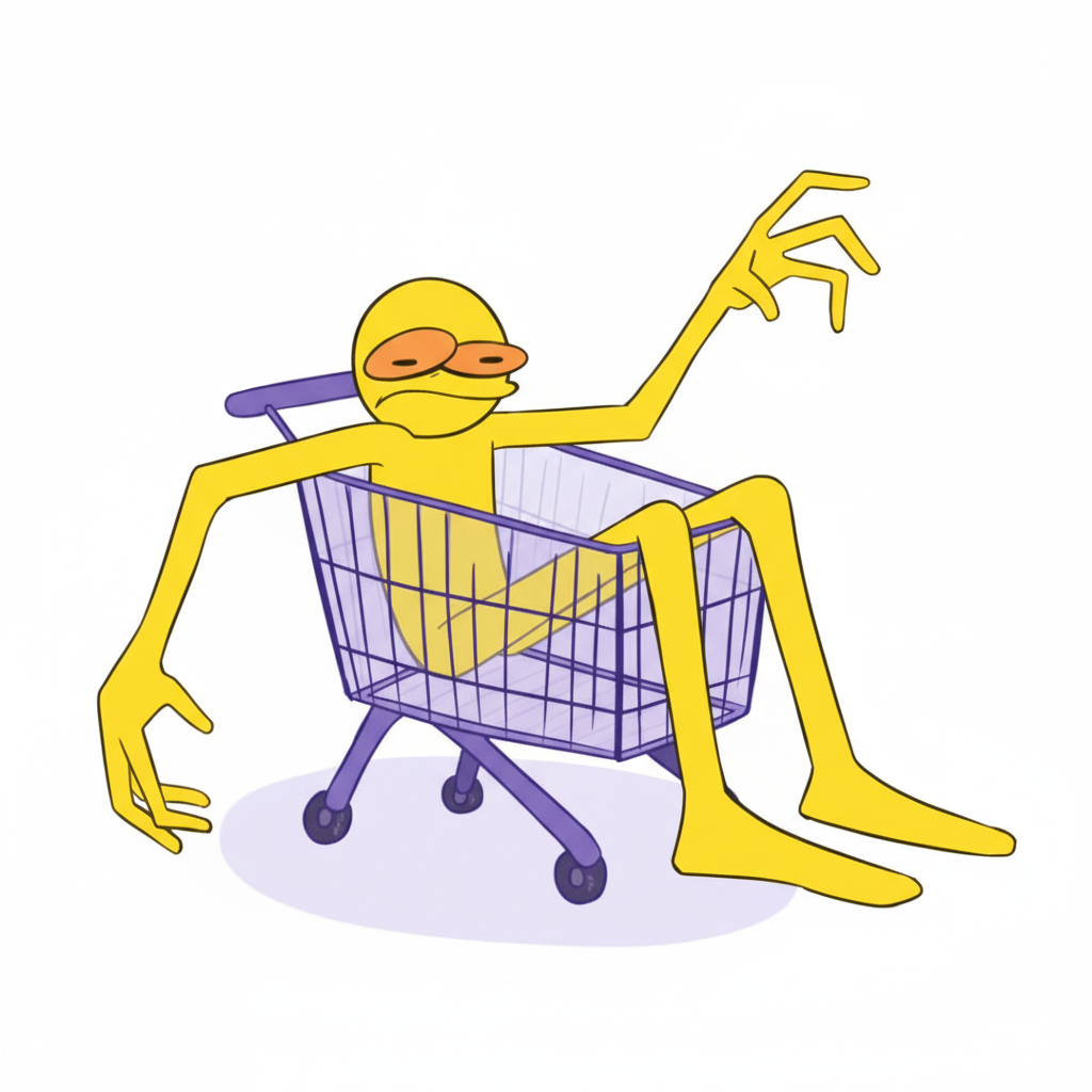 Yellow character lounging in shopping cart