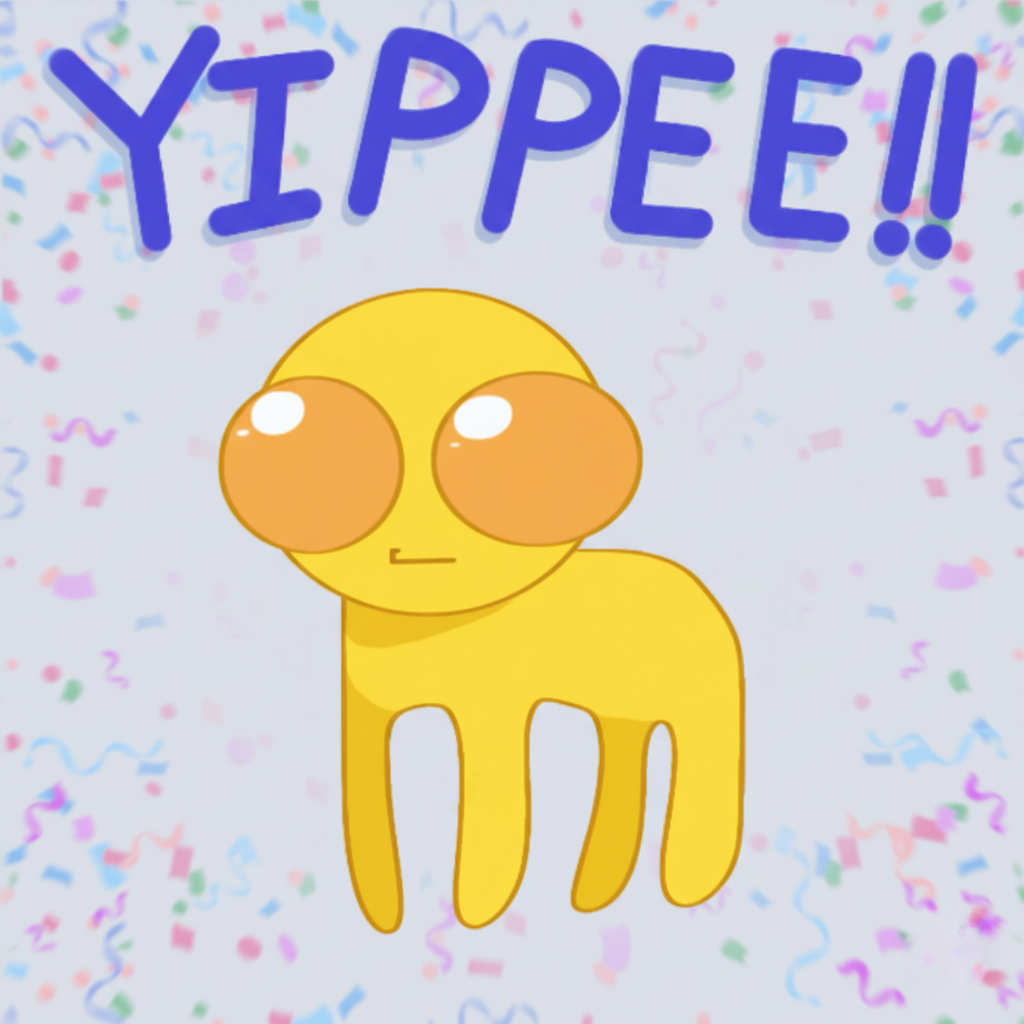 Yellow character celebrating with YIPPEE text