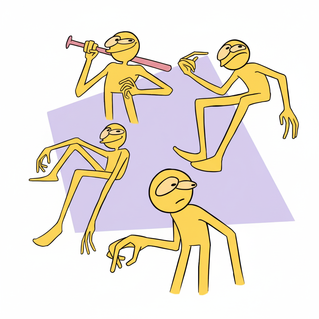 Four yellow characters in dynamic action poses