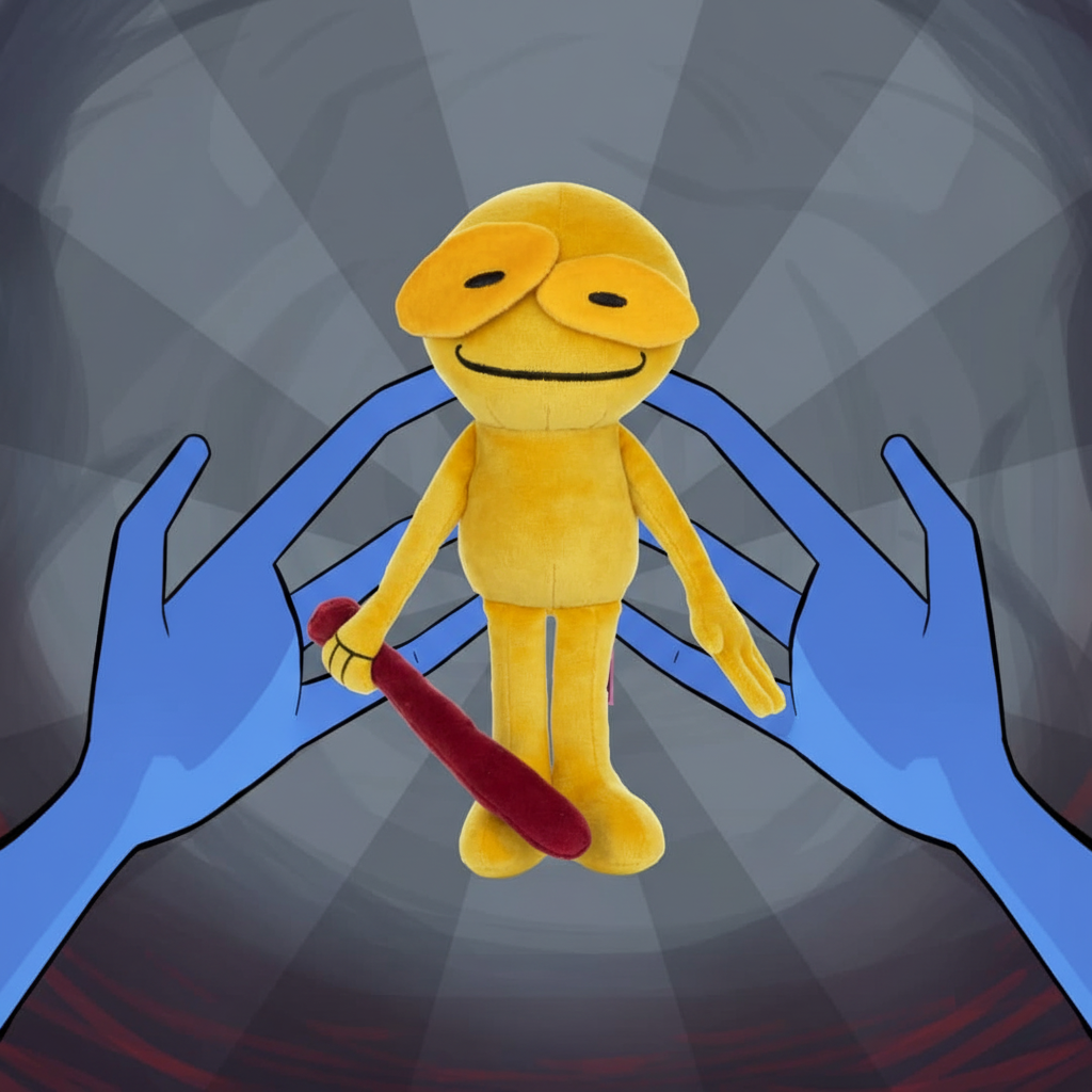 Yellow plush toy held by bnb hands in spotlight